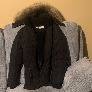 Black Quilted Down Jacket with Fur Hood